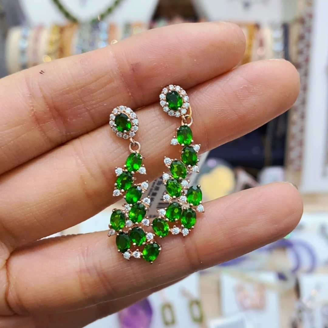 透辉石耳饰银S925镶嵌