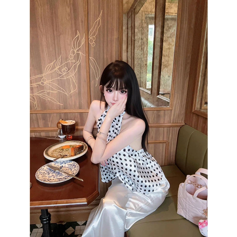 高级感法式性感辣妹挂脖波点无袖背心上衣修身显瘦长裤时尚两件套