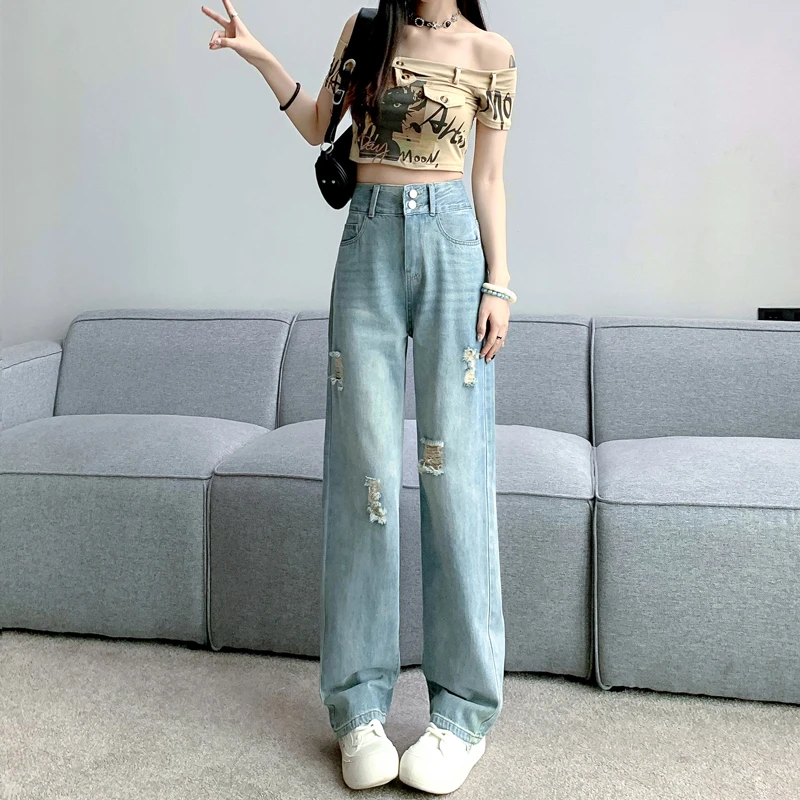 【品牌破价+运费险】夏季破洞新款薄浅蓝窄版阔腿显瘦直筒牛仔裤女