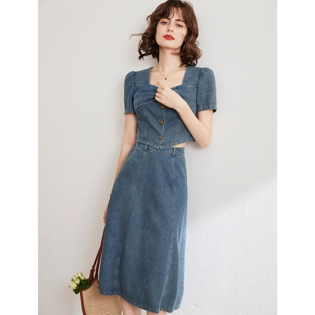 【商场同款新品】白鹿语夏气质牛仔上衣半裙套装YU10528