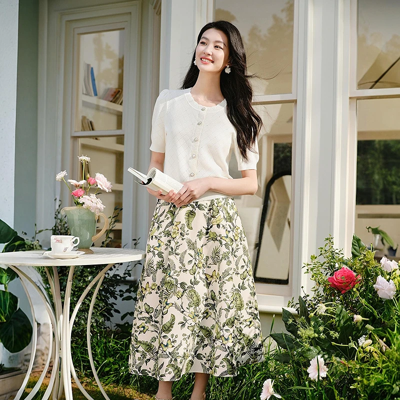 Koradior珂莱蒂尔商场同款2025夏新款气质植物花卉天丝棉半身裙女