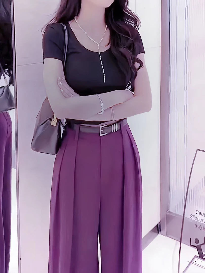 K前折气质韩版显瘦百搭西裤（裤长102）裤子西装裤休闲宽松阔腿高腰