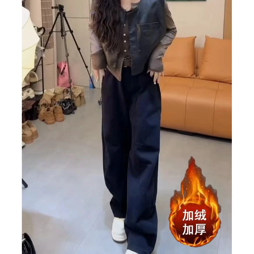 秋冬新款加绒加厚洋气百搭窄版阔腿牛仔裤女梨形身材高腰显瘦长裤