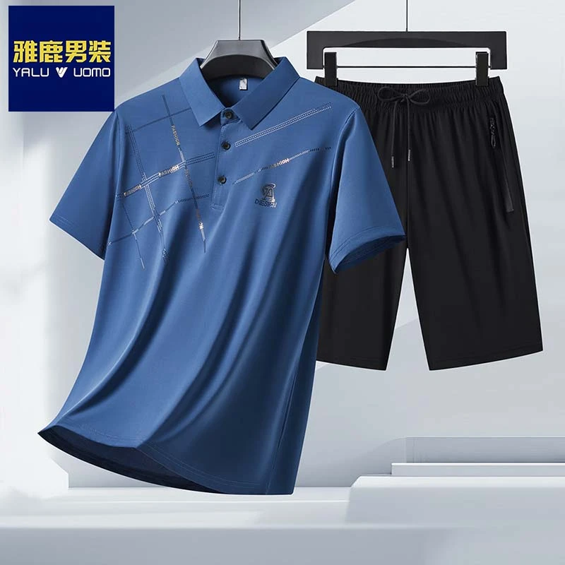 雅鹿男装新男士短袖五分裤套装新款夏季冰丝翻领polo衫夏季套装男