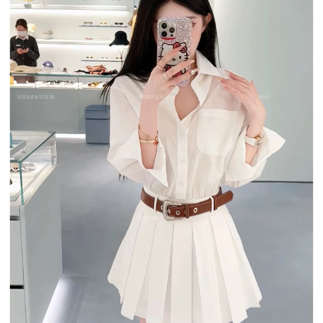 2025夏季新款白色月光衬衫连衣裙短裤两件套套装