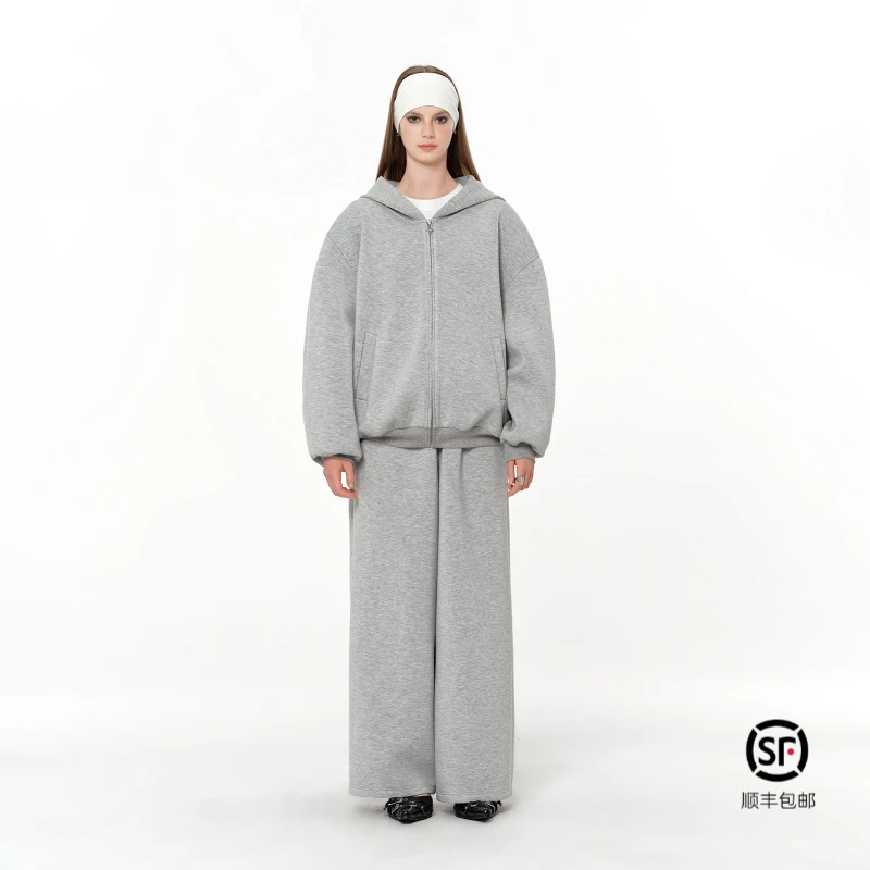 IMXS重磅空气层卫衣凝聚空气灰色宽松廓形感连帽卫女套装修身显瘦