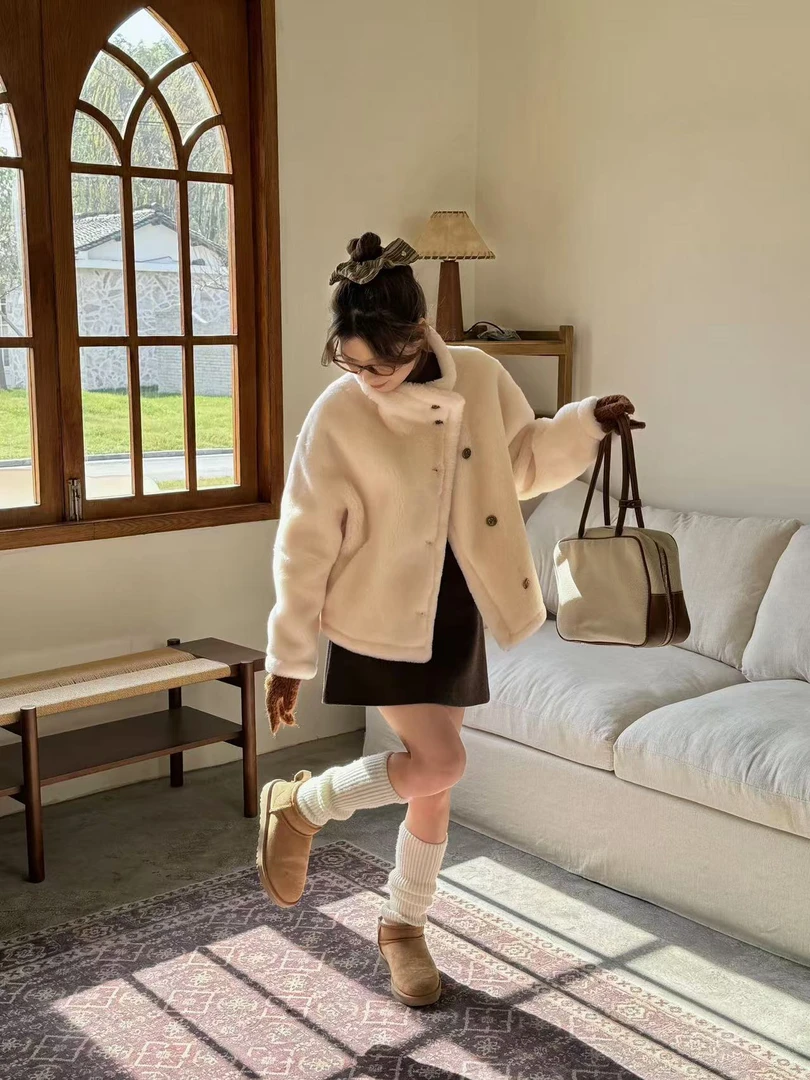 苏苏家休闲短款羊毛颗粒外套羊羔毛外套皮毛一体韩版秋冬气质时尚