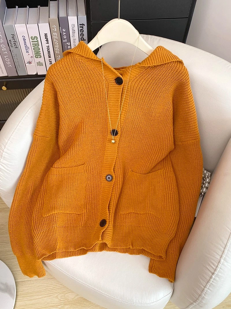 慵懒风毛衣女秋季奶系设计感黄色宽松圆领连帽外穿软糯针织衫上衣