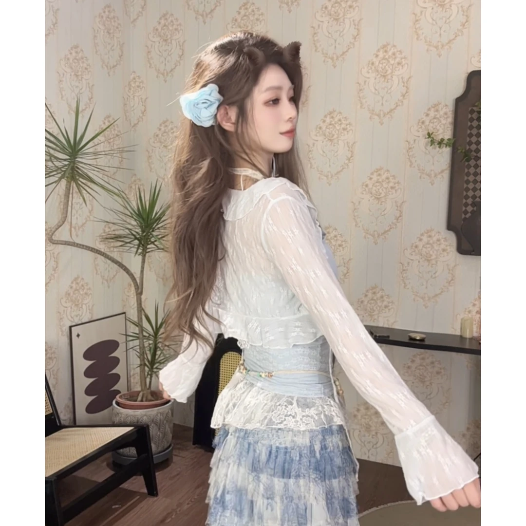 {小春两月}蕾丝网纱小开衫白色长袖薄款春夏罩衫披肩空调衫