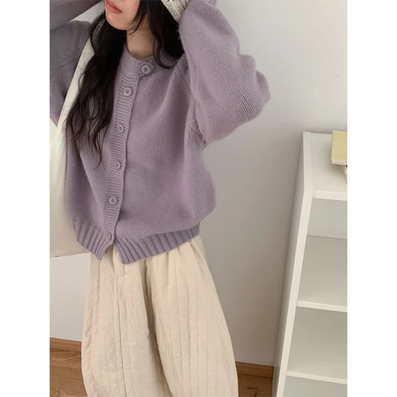 韩系甜美软糯圆领针织开衫秋冬大码女装胖MM休闲百搭宽松毛衣外套