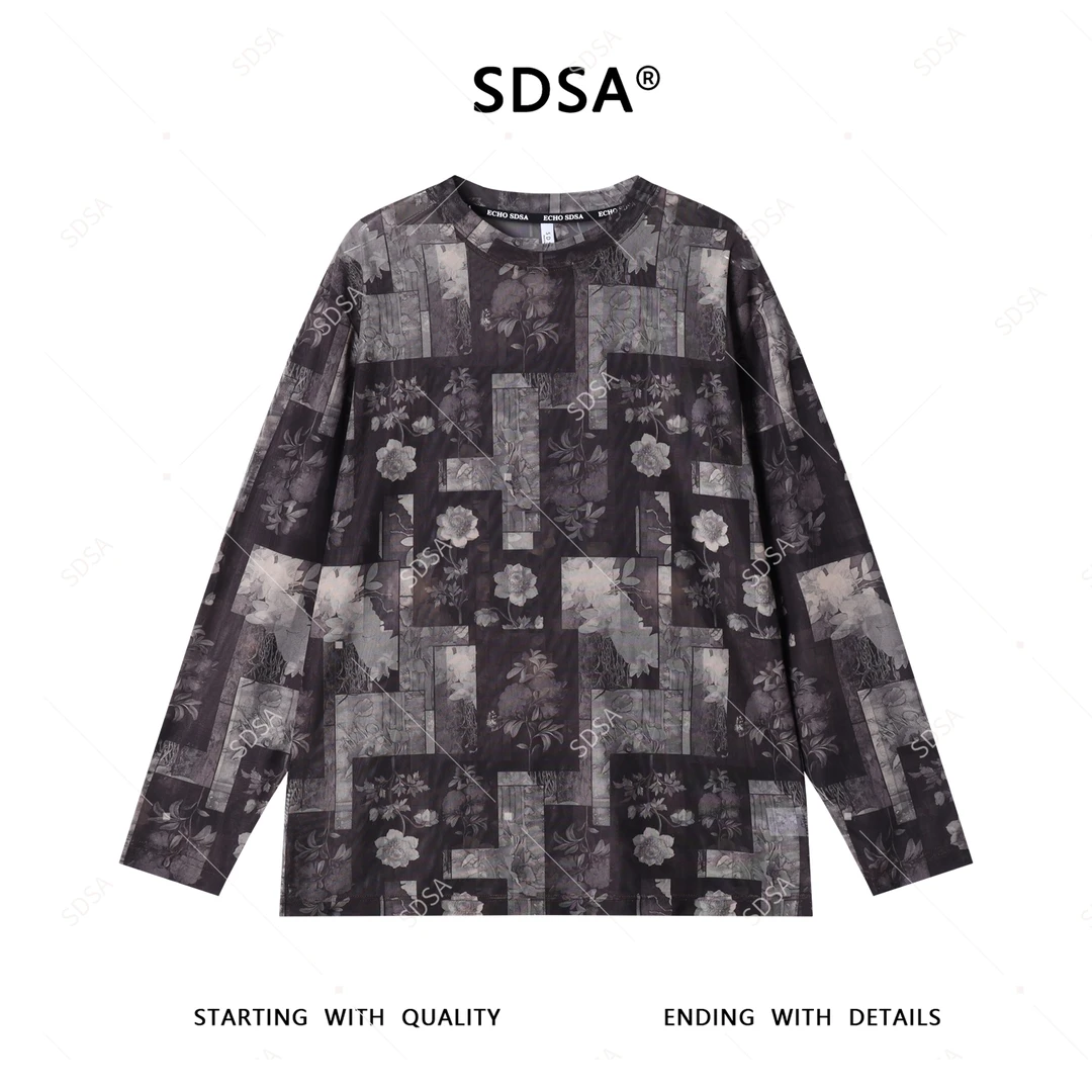 SDSA夏季新款男士痞帅简约植物花卉设计圆领长袖T恤舒适百搭上衣