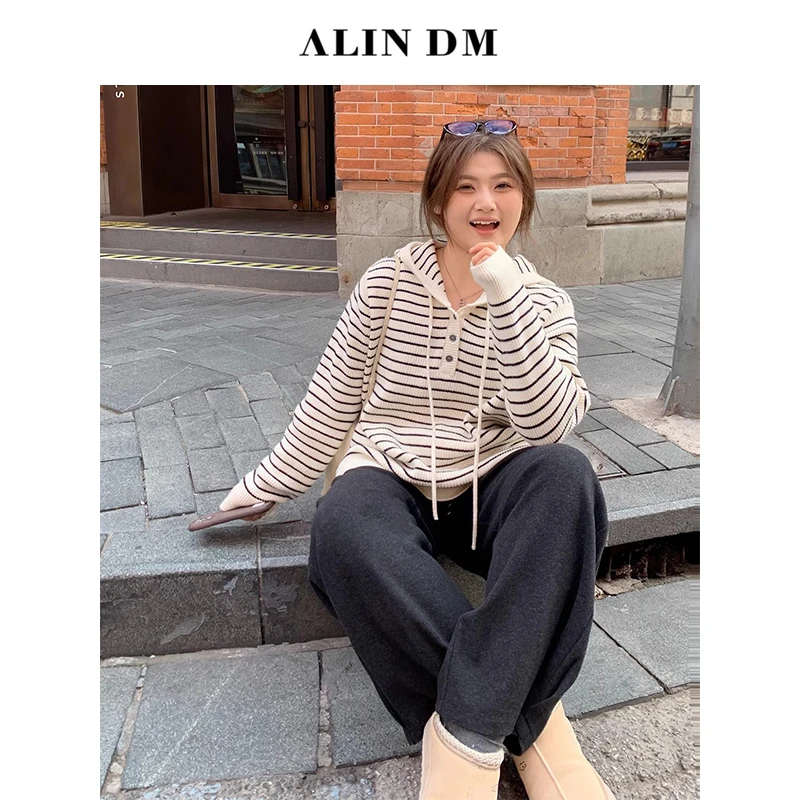 ALINDM【拉夫学院派】大码微胖MM遮肉显瘦条纹连帽毛衣-L80161