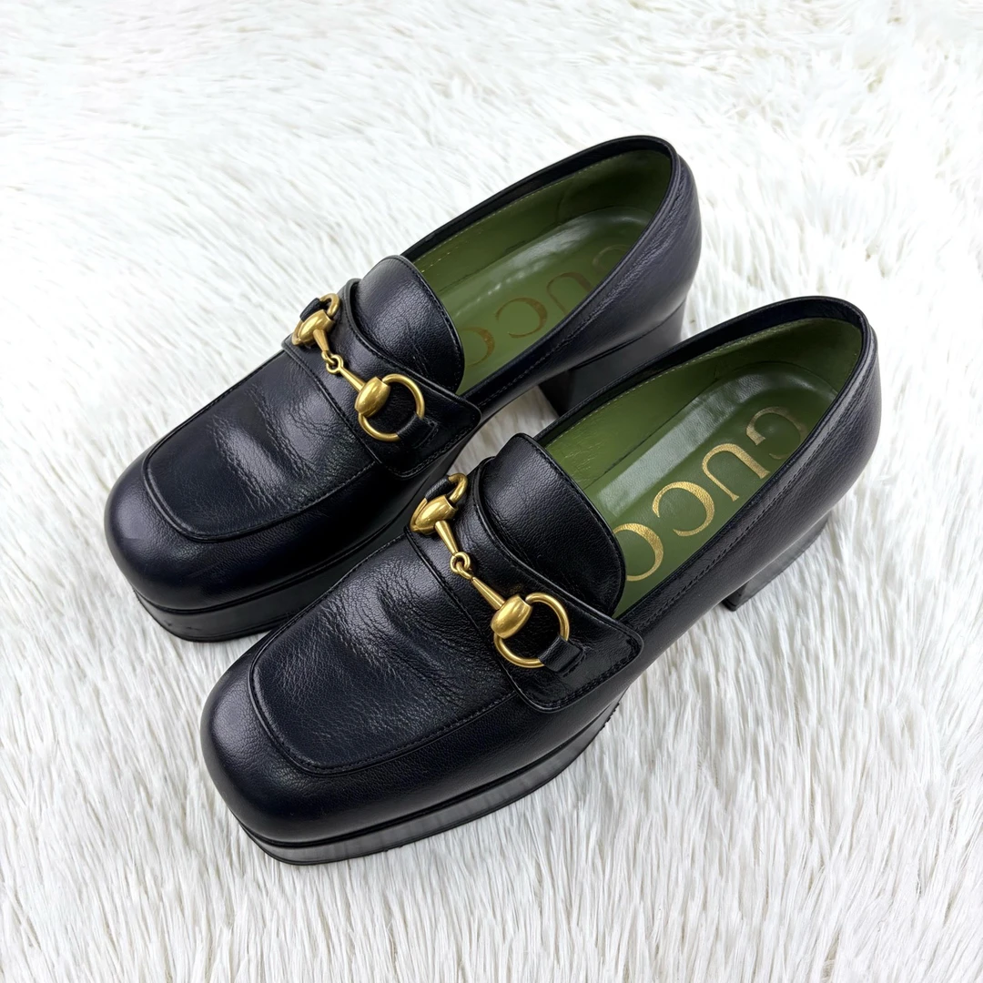 99新 GUCCI/古驰 黑色马衔扣厚底乐福鞋37码 咩