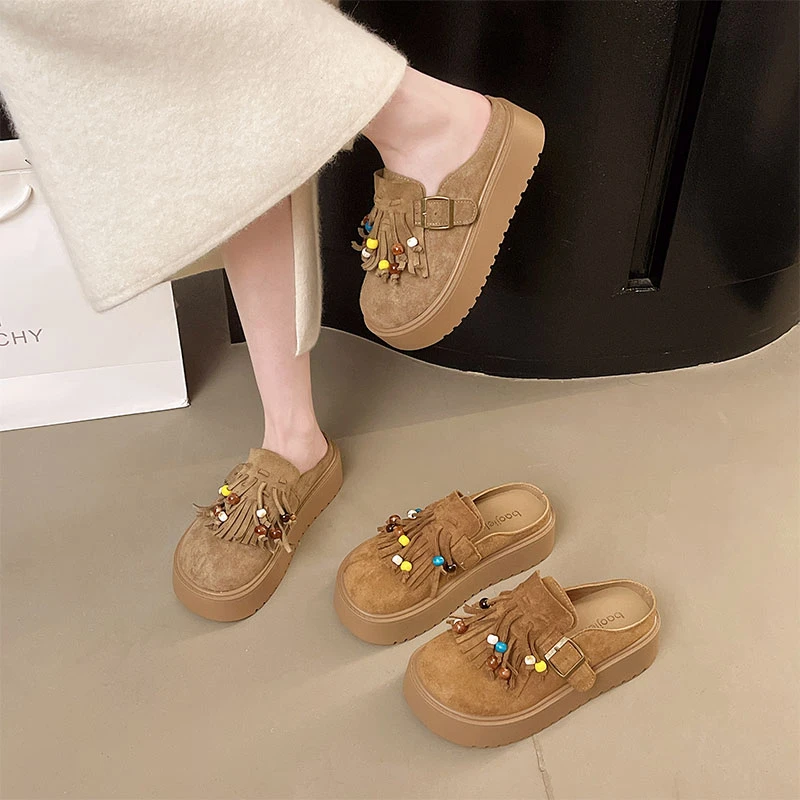 【万达撤柜】内增高厚底勃肯鞋包头半拖鞋女外穿2025秋季新款流苏串