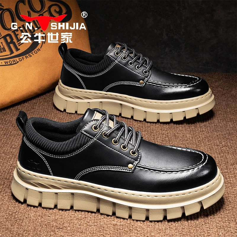 公牛世家低帮马丁靴男春季新款厚底休闲皮鞋男大头耐磨工装德比鞋