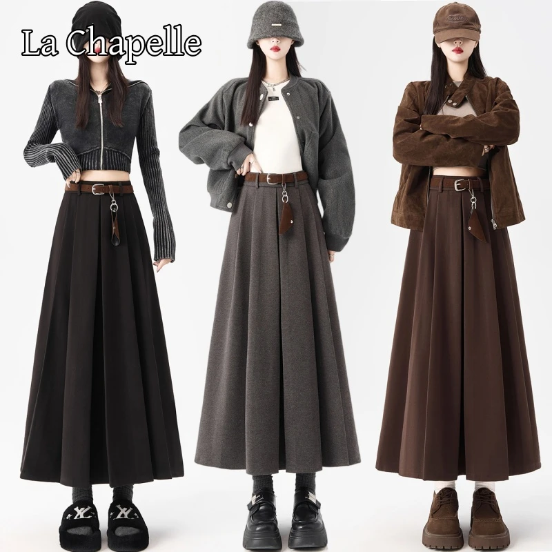 拉夏贝尔毛呢百褶中长款半身裙女秋冬季新款高腰显瘦垂感a字长裙