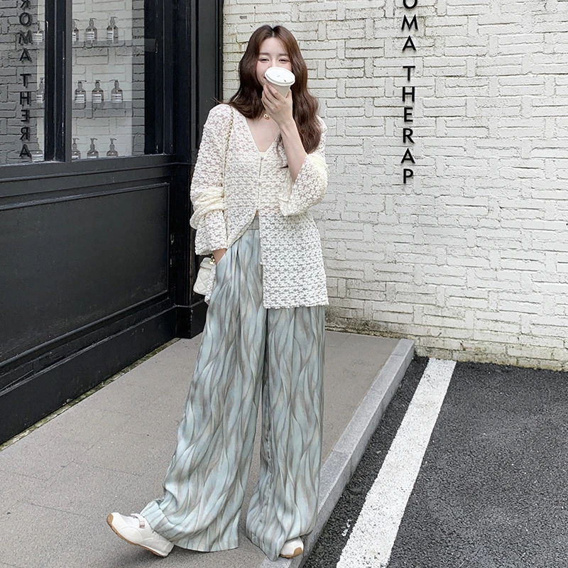 米白色镂空罩衫扎染阔腿裤套装两件套女秋新款松弛感穿搭一整套