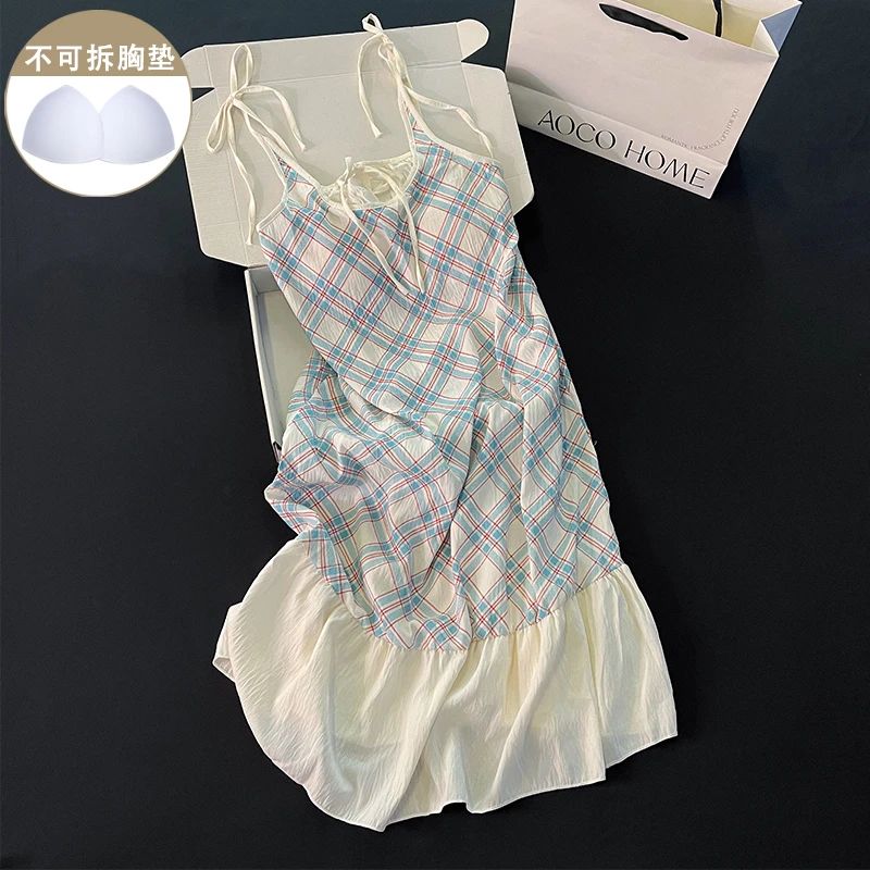 带胸垫格子睡裙女新款夏季建议睡衣韩系ins休闲中长款夏天家居服