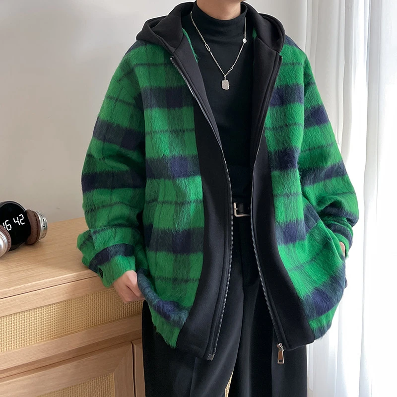 冬季美式复古撞色格子连帽毛呢大衣男设计感小众假两件加厚外套潮