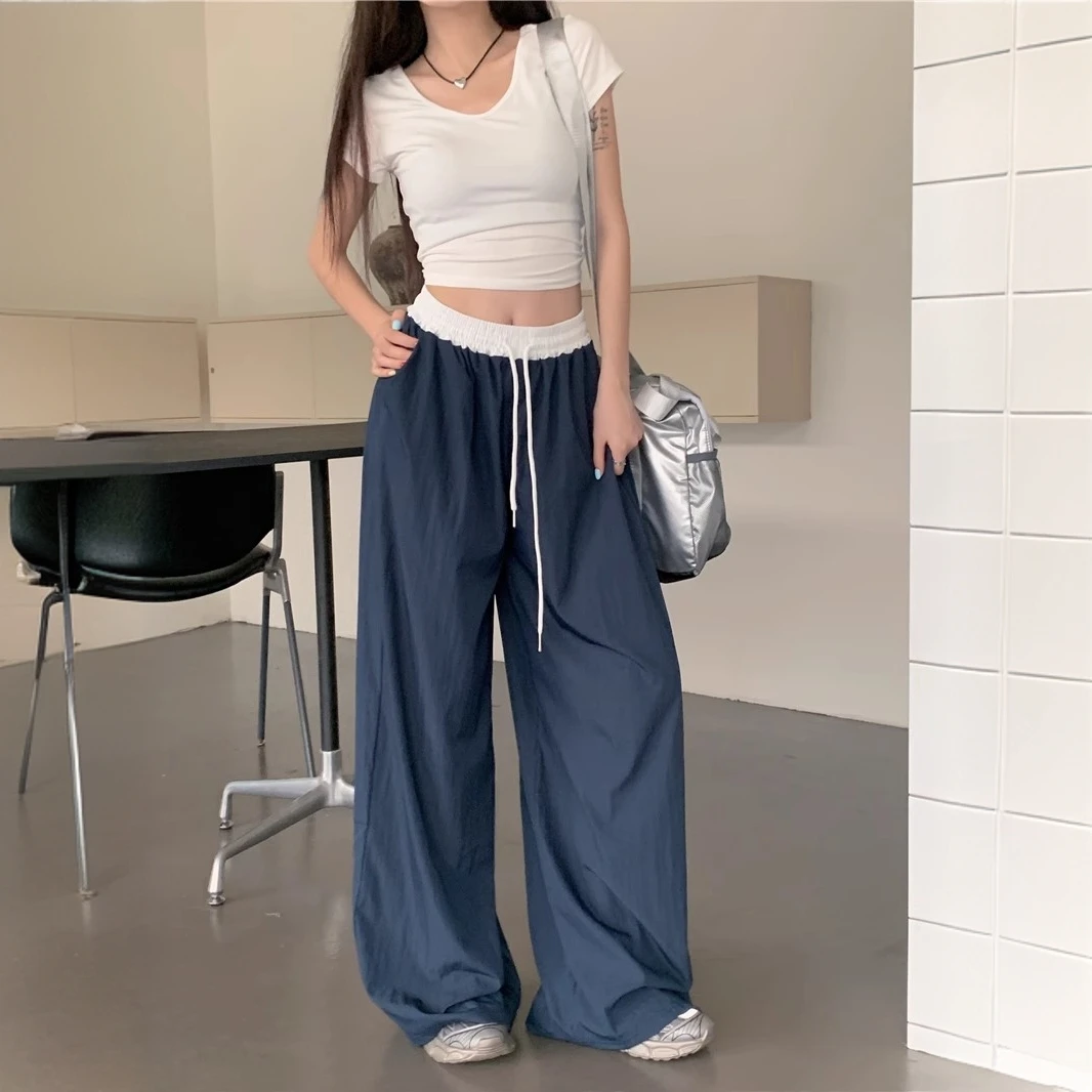 长腿高个子夏季薄款山本裤纯色拼接工装休闲运动裤阔腿慵懒风长裤