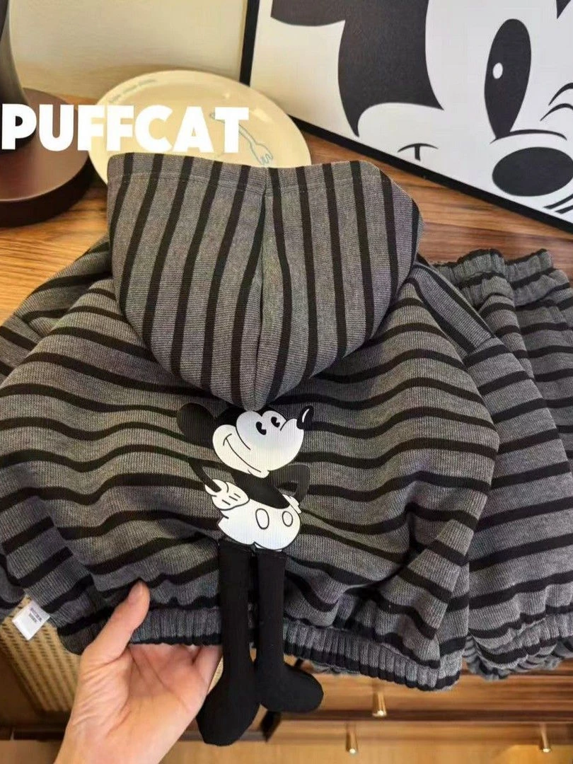 男女宝宝舒适条纹休闲卫衣2025套装加绒新款儿童洋气两件套连帽款