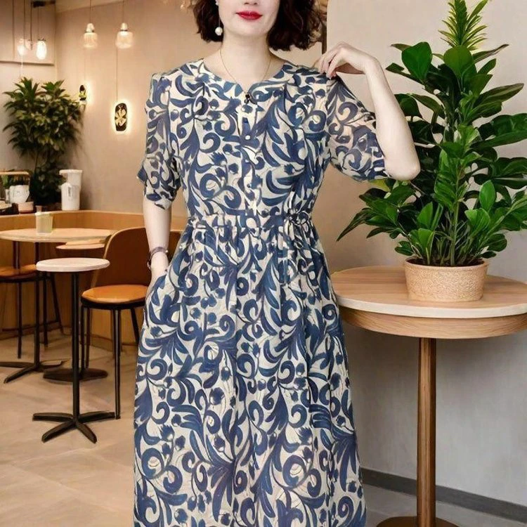 2025夏季新款花色中长款连衣裙时尚气质优雅显瘦