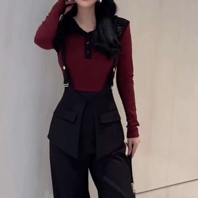 背带秋季新款时尚减龄百搭洋气小众韩系假两件韩系上衣衫长袖韩版