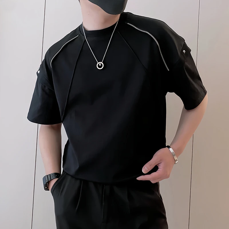 爆款镂空拼接男款短袖T恤夏季2025新款时尚圆领半袖百搭休闲上衣