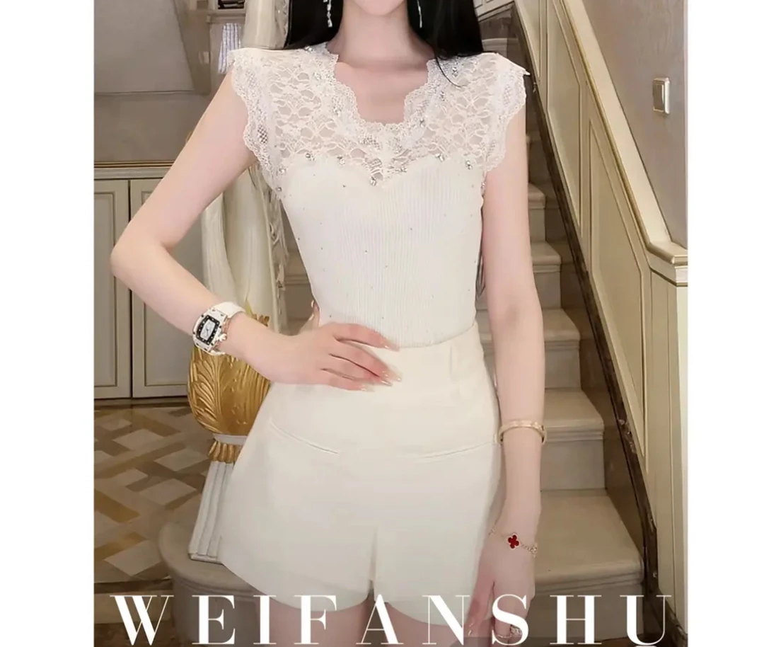 2025夏季新款钉珠闪闪烫钻名媛风显瘦蕾丝拼接针织背心上衣 #5737