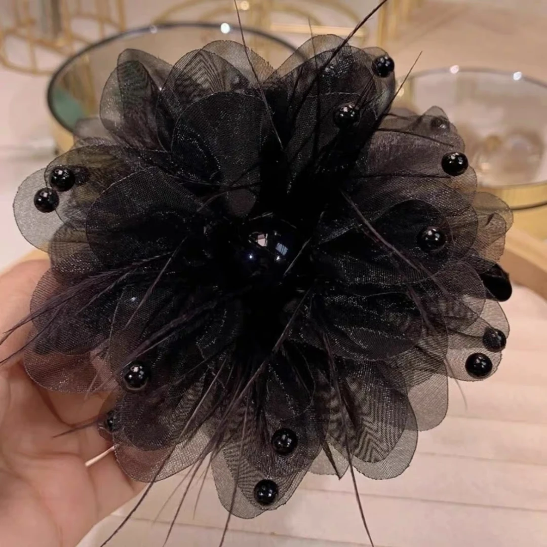 黑色网纱蝴蝶结抓夹鲨鱼夹盘发气质满天星珠珠发夹