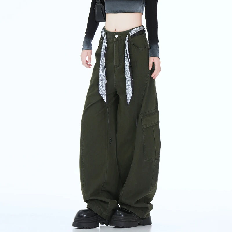 浅草绿工装牛仔裤女装新款2025秋季爆款高街炸街阔腿弯刀香蕉裤女