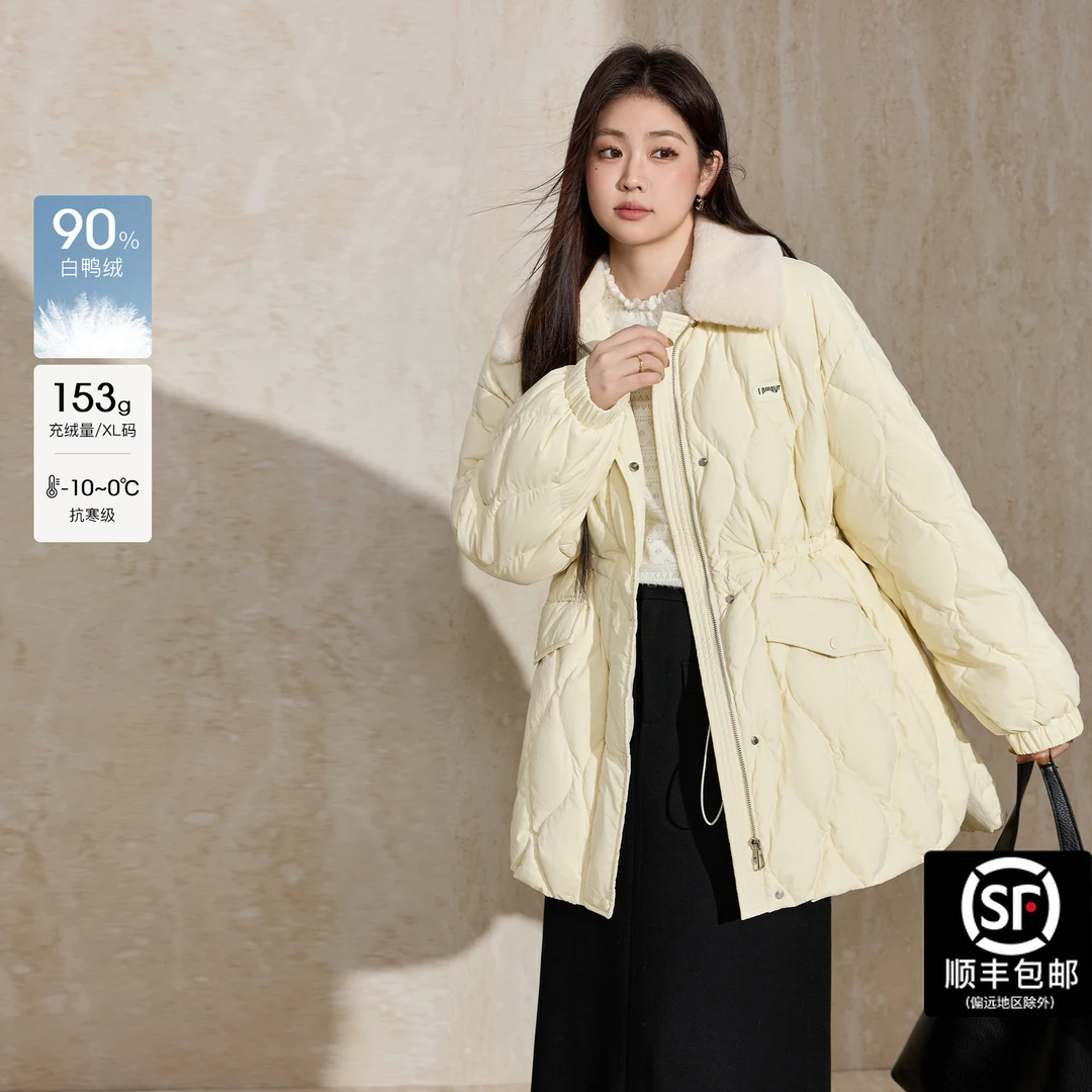蓝语大码女装2025年宽松型90白鸭绒保暖长袖休闲风法式拉链羽绒服