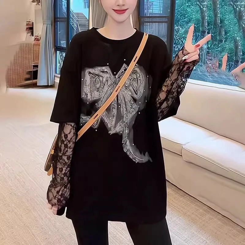 假两件蕾丝拼接打底衫女士2025新款设计感宽松时尚中长款内搭上衣