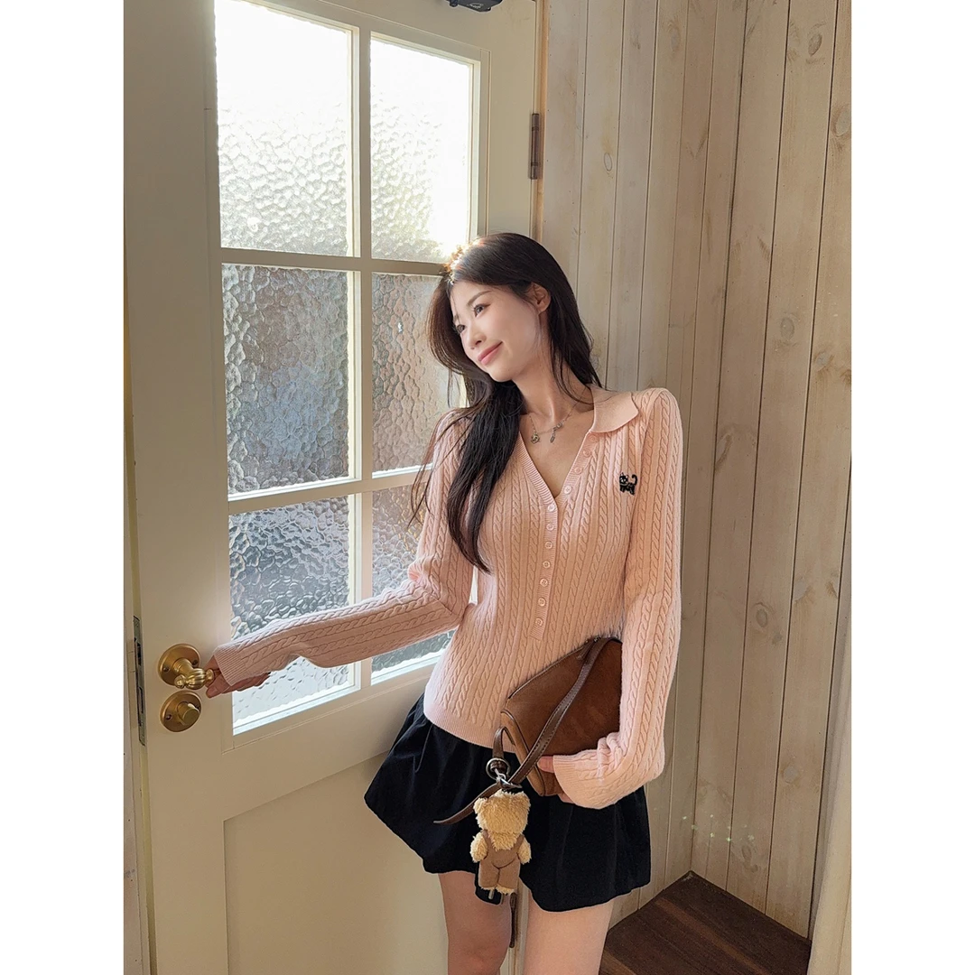 实拍实价 秋冬韩版气质polo纽扣麻花刺绣修身安迪绒针织衫毛衣女