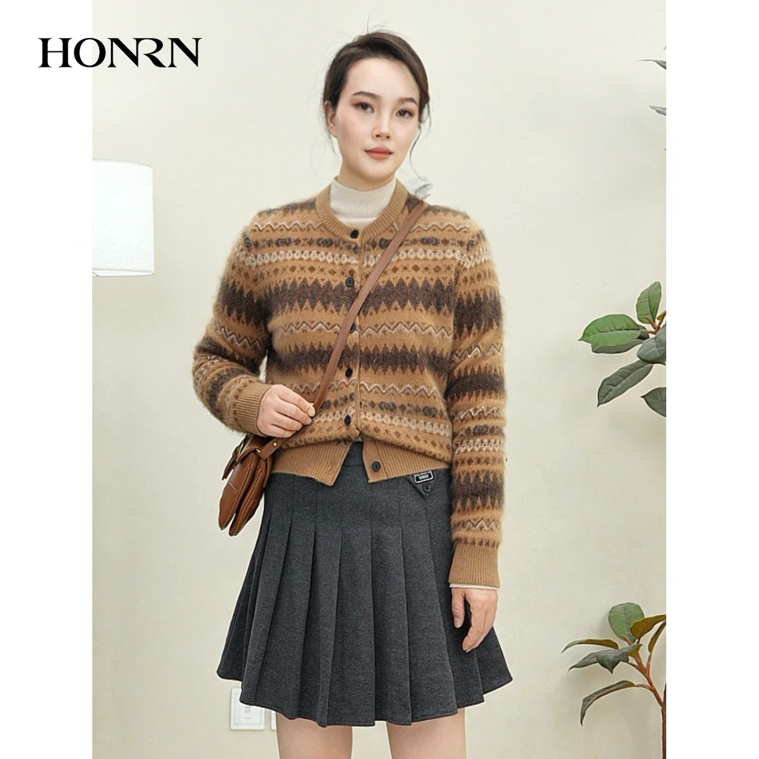 HONRN/红人复古气质圆领开衫绵羊毛毛针织衫HK59OM119