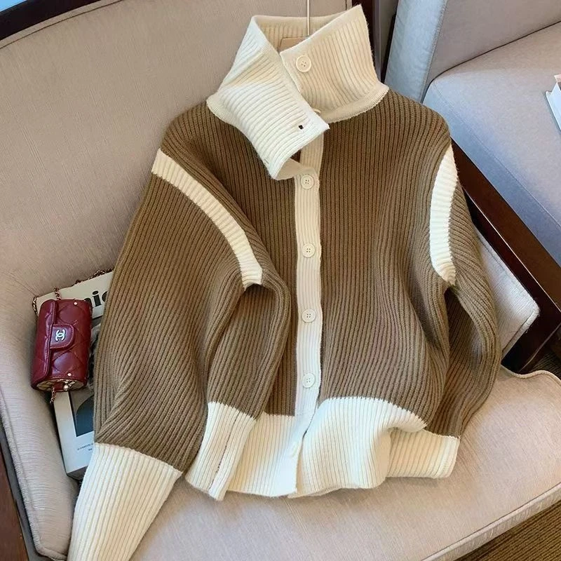 固质韩系慵懒风2025秋季款拼色开衫女小众设计感百搭时尚针织上衣