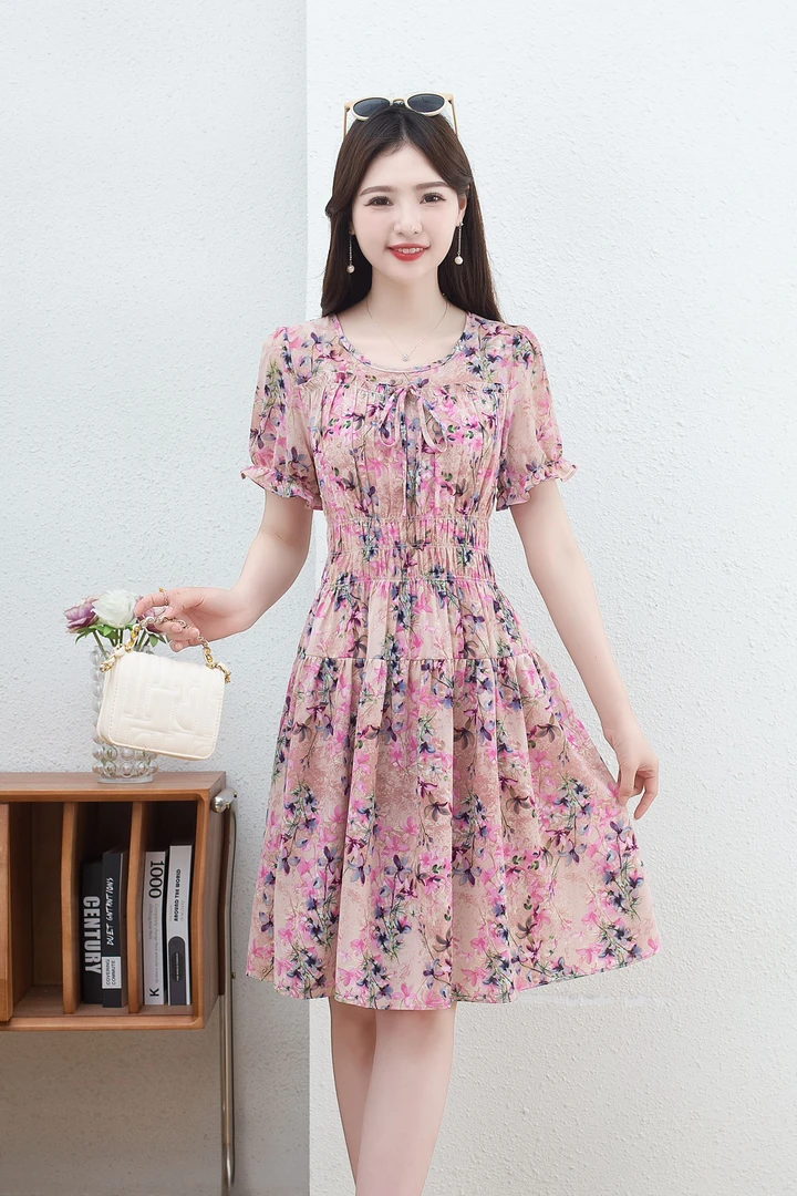 2025短款连衣裙气质印花连衣裙夏季印花遮肚短款收腰宽松