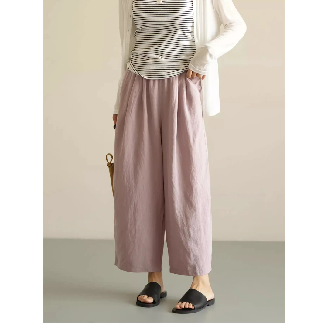 2025春夏新款时尚棉麻女式薄款气球裤通勤阔腿九分裤百搭哈伦裤潮