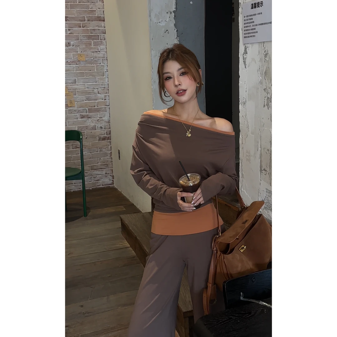 原创秋季超火一整套洋气减龄休闲通勤风穿搭拼色上衣半裙套装