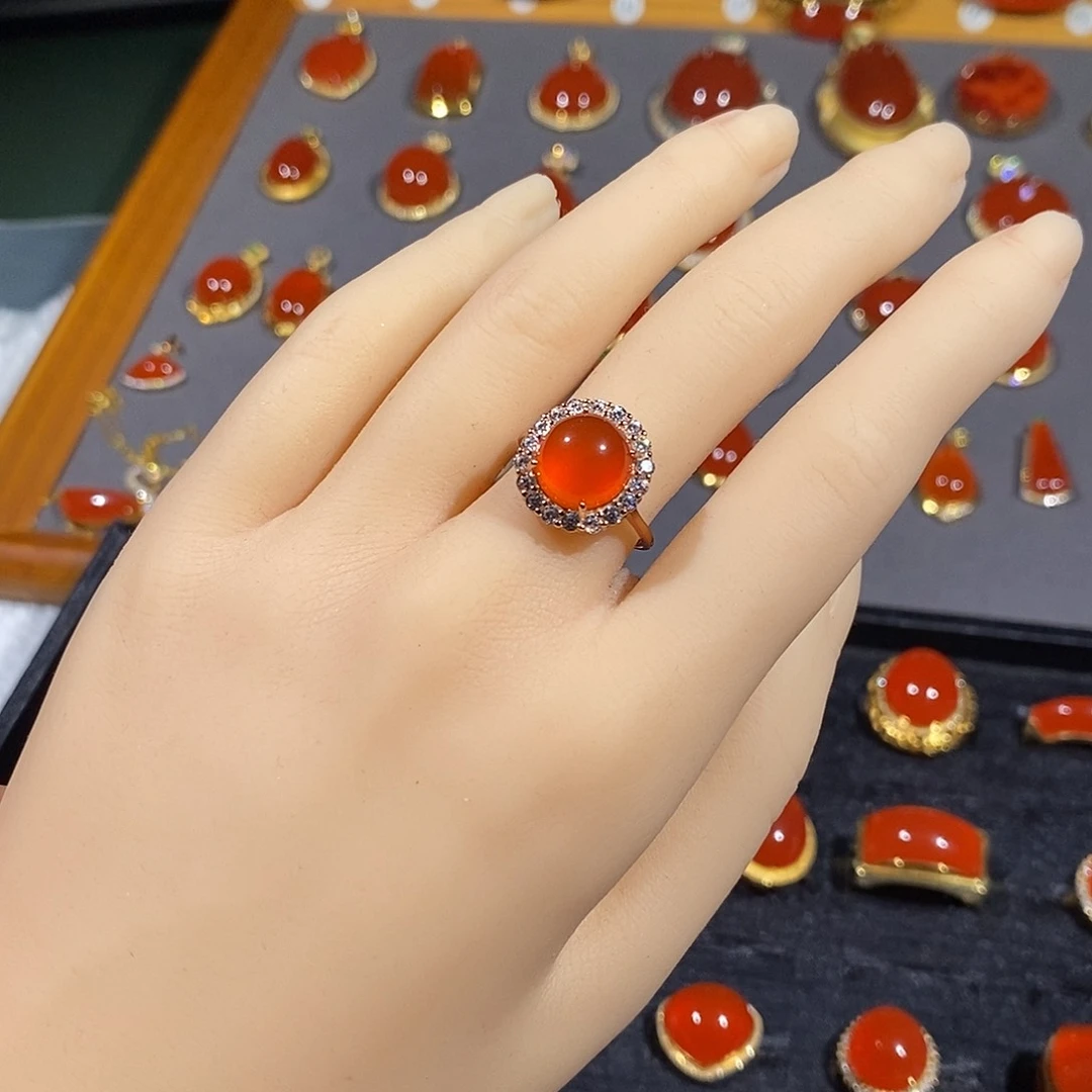 南红玛瑙戒指银S925镶嵌