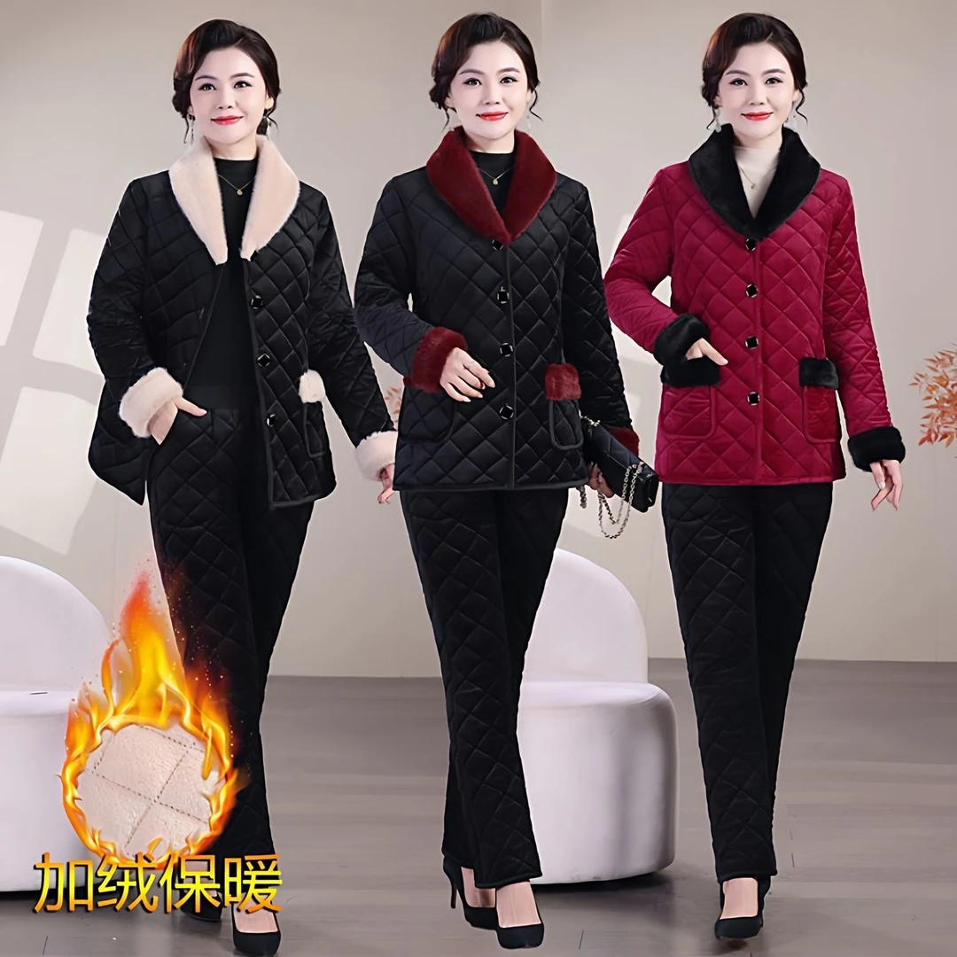 保暖棉袄冬季新款气质加绒两件套中老年妈妈家居服金丝绒套装