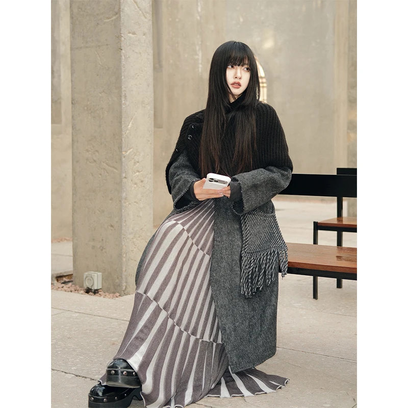 呆毛【11.22/10.30新品】秋冬设计感仿亚麻间色条型毛织半裙DMJ4813