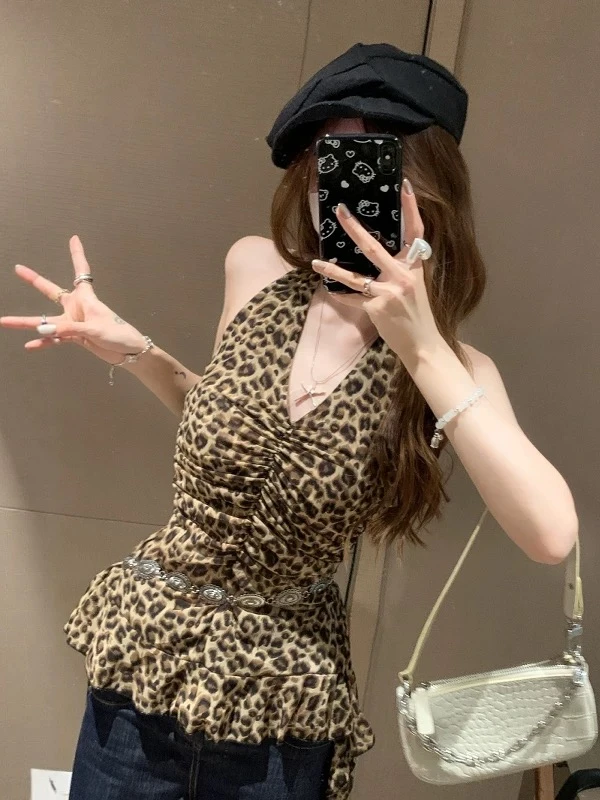 AL SHOP【野性豹纹】韩系复古豹纹挂脖吊带背心新款V领辣妹感上衣