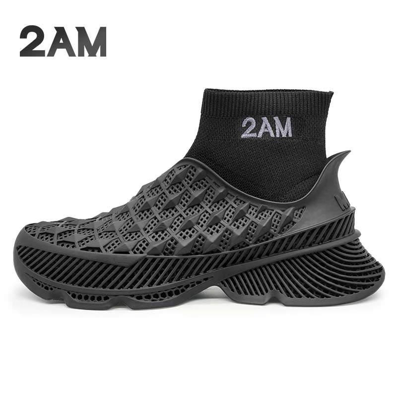 2AM｜新款3D打印鞋秋冬拼弹力袜运动鞋方格高帮加绒保暖袜子鞋男