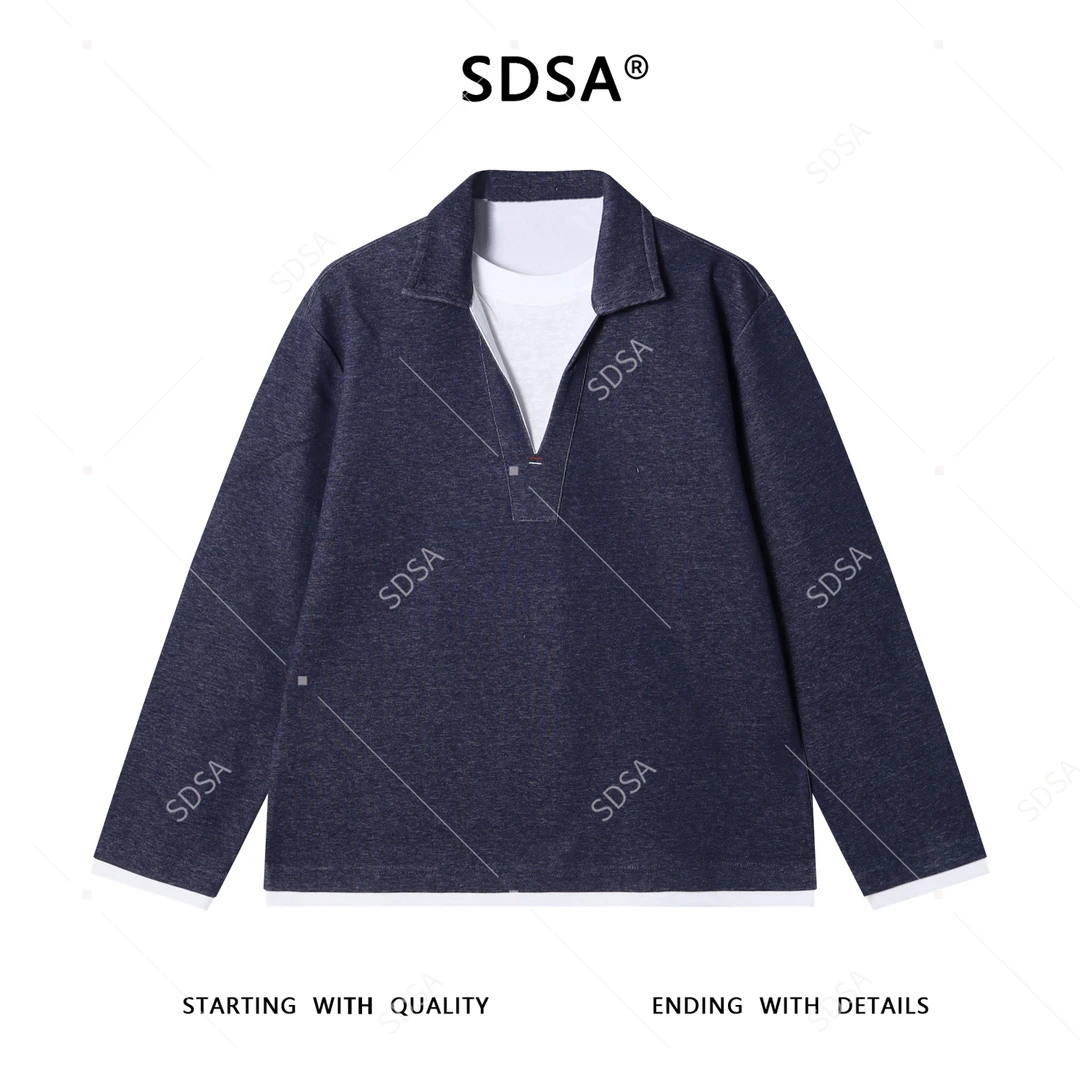 SDSA男士秋冬新款痞帅男装设计感假两件V领长袖T恤纯色休闲风简约