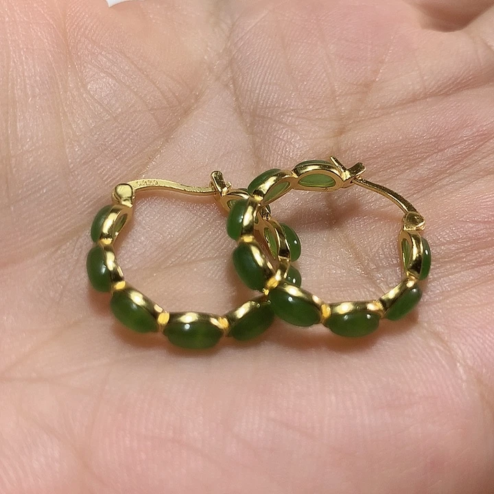 银S925镀金镶嵌和田玉（碧玉）耳饰青*瓷