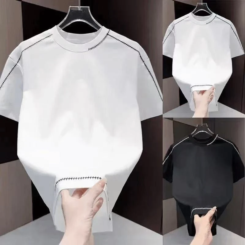 男士新款明线夏季重磅休闲潮流短袖T恤百搭美式圆领宽松半袖上衣