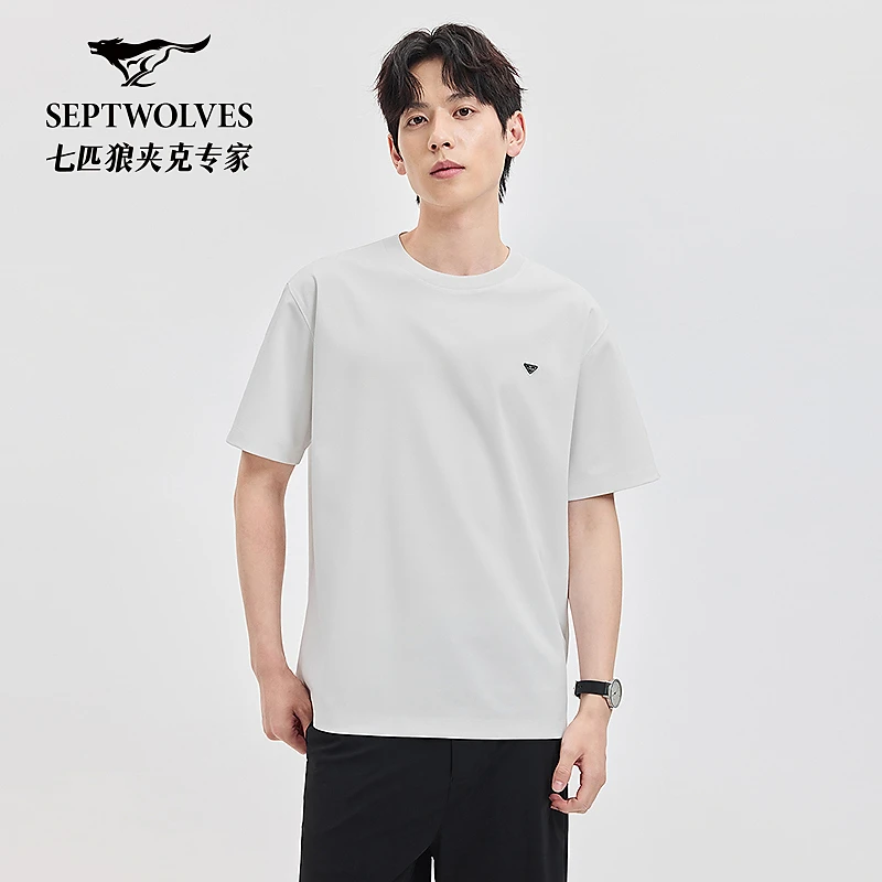 七匹狼官方正品夏季新款男士百搭舒适百搭罗马布短袖圆领T恤2337