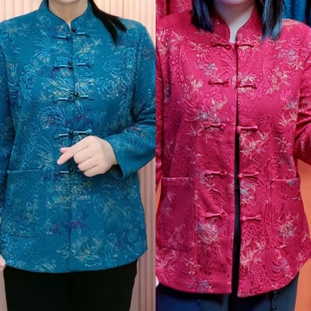 复古盘扣提花立领长袖短款妈妈装时尚上衣