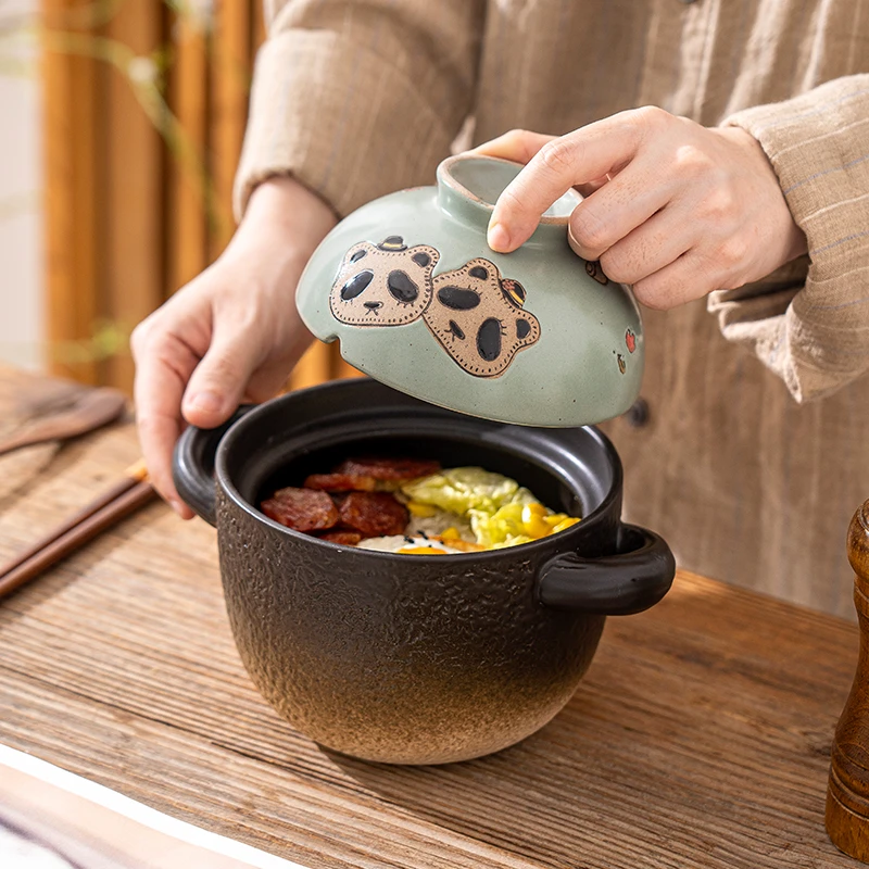 卡通图案手绘砂锅炖锅煲汤用一人食陶瓷耐高温煲仔砂锅熊猫黑锅
